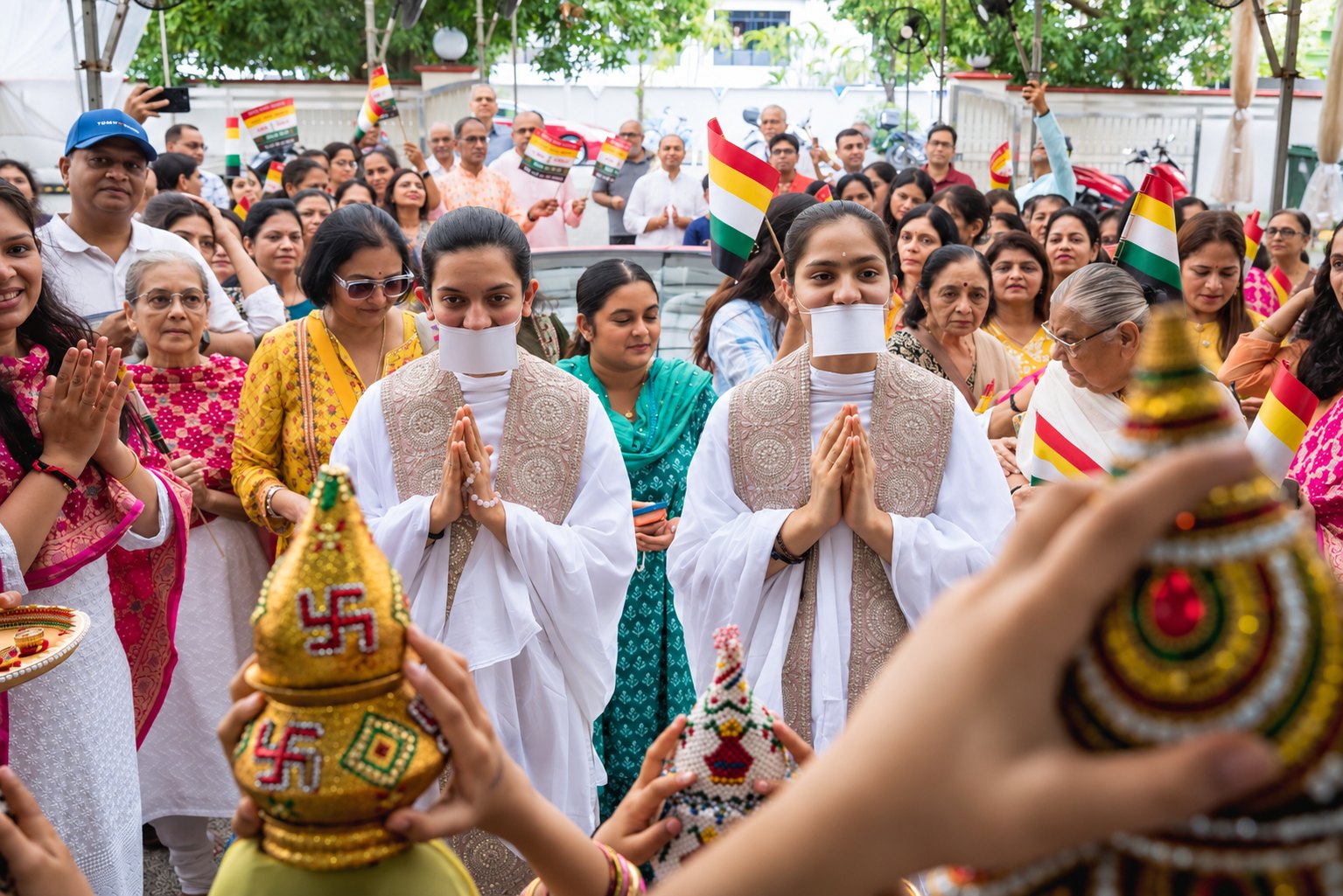 The mumukshus greeted by a crowd waving flags, a decorated kalash held out in welcome