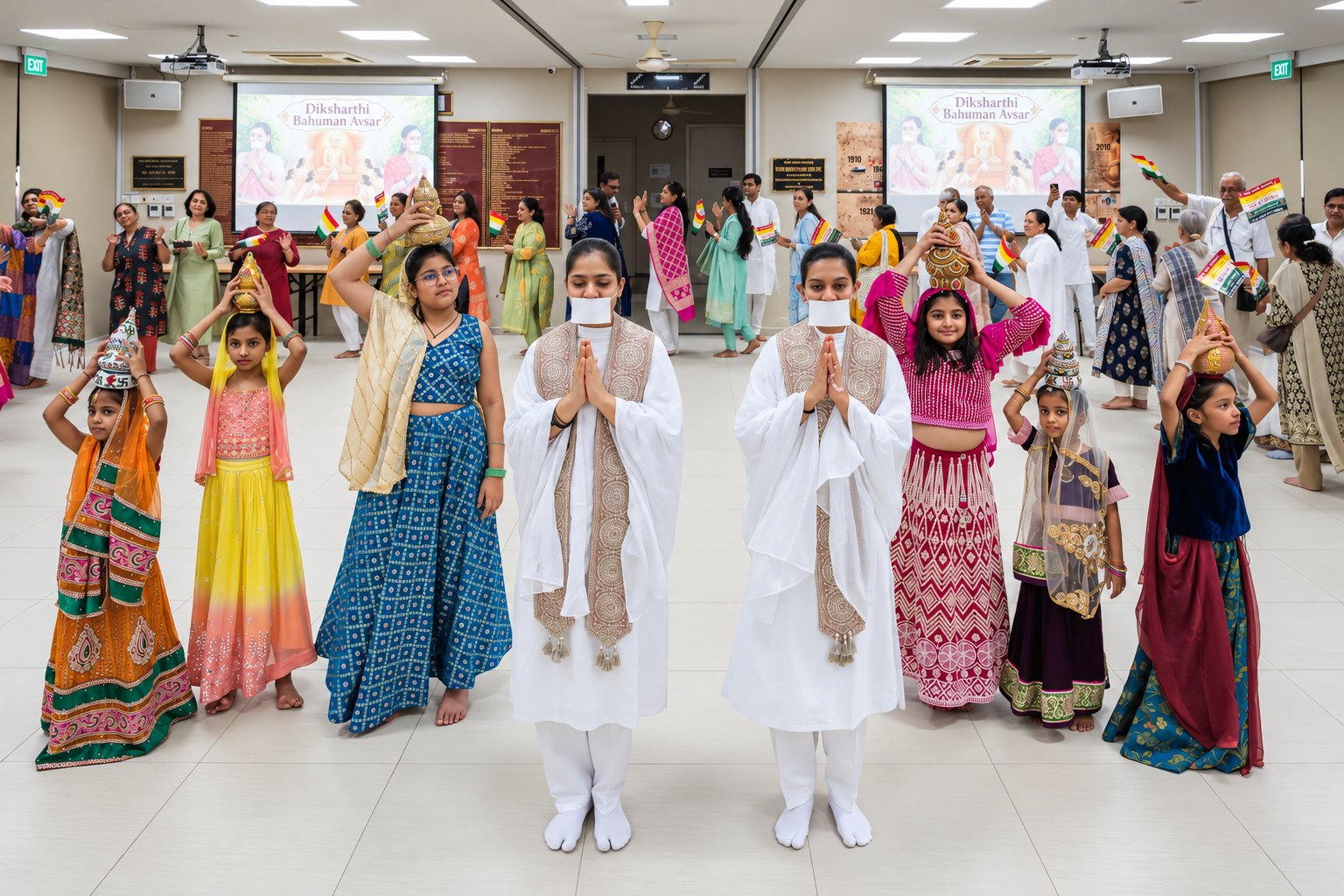 Children in traditional dress lined up with the mumukshus
